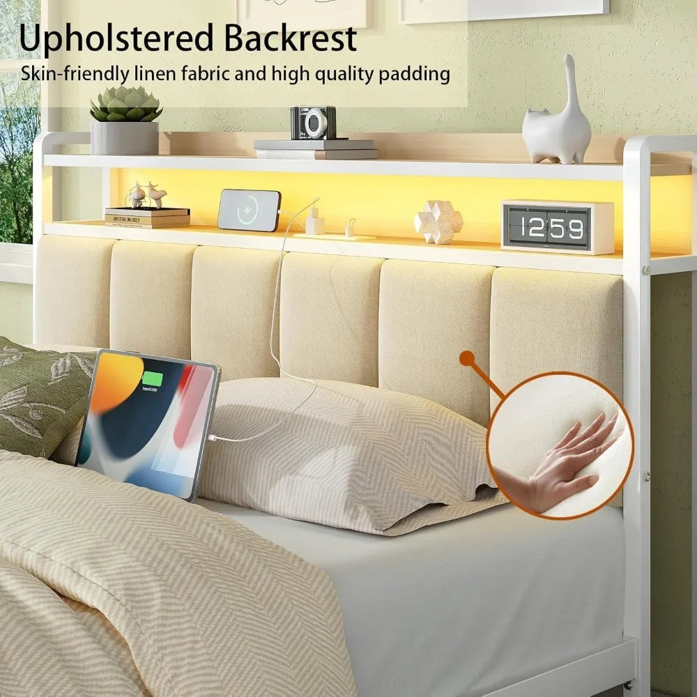 ANGDUO Bed Frame With Storage Headboard And LED Lights