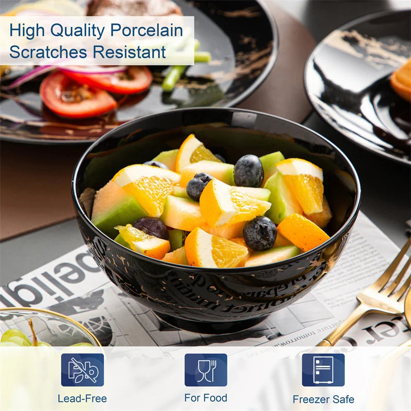 16Pcs Black Procelain Tableware Set Design By Gold Splash with Dinner Plate/Cake plate/Bowls/Coffee Cups Kitchen Dinner Ware Set