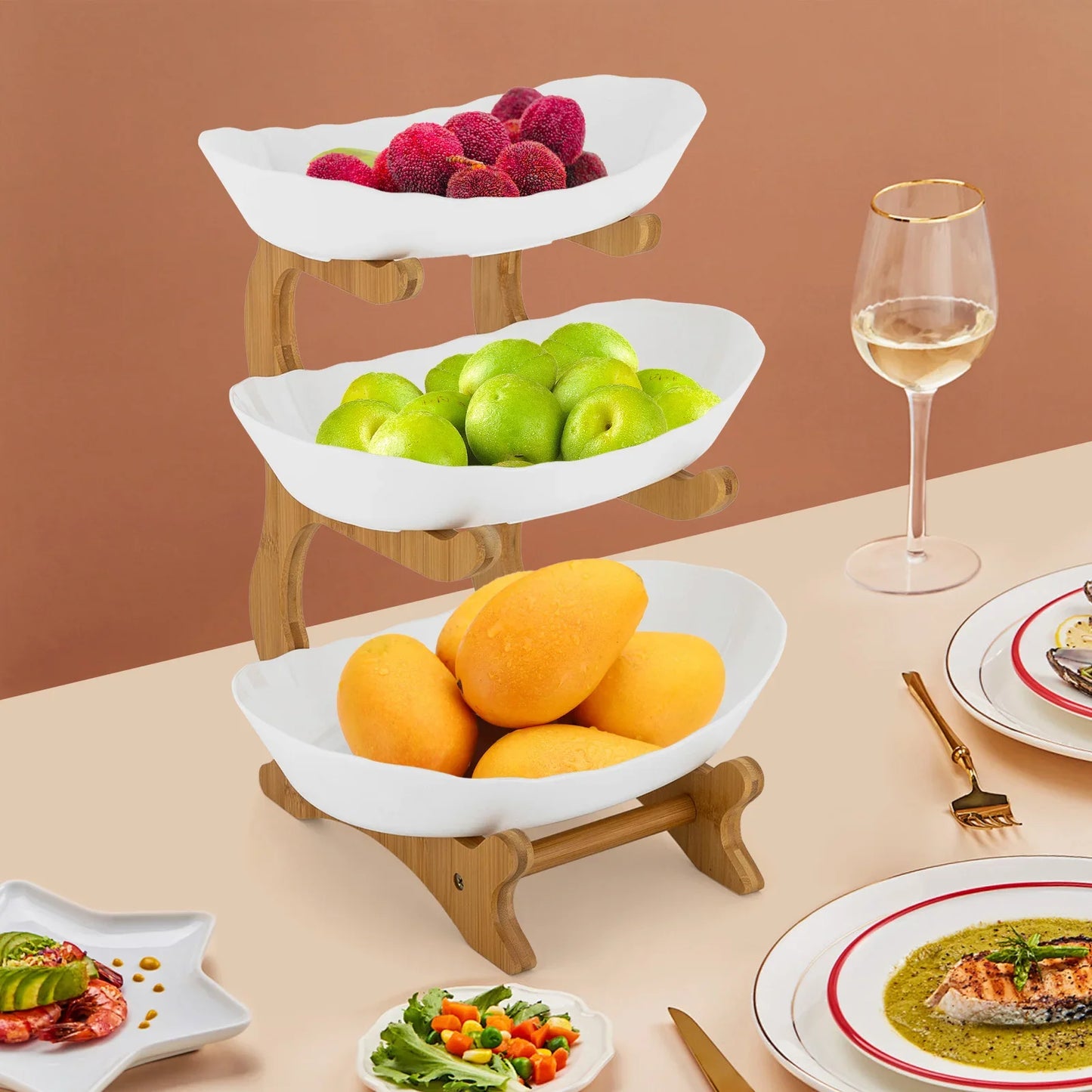 3 Layer Fruit Bowl Food Grade Materials Eco-friendly Bamboo Wood Fruit Holder Bathroom Cosmetics Storage Snacks Basket Shelf
