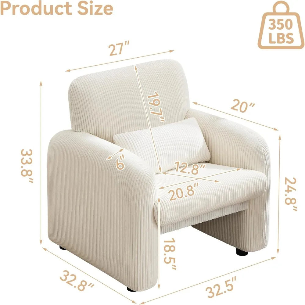 Corduroy Fabric Accent Chair, Modern Upholstered Living Room Chairs with Lumbar Pillow, Wide Comfy Leisure Armchair for Bedroom,