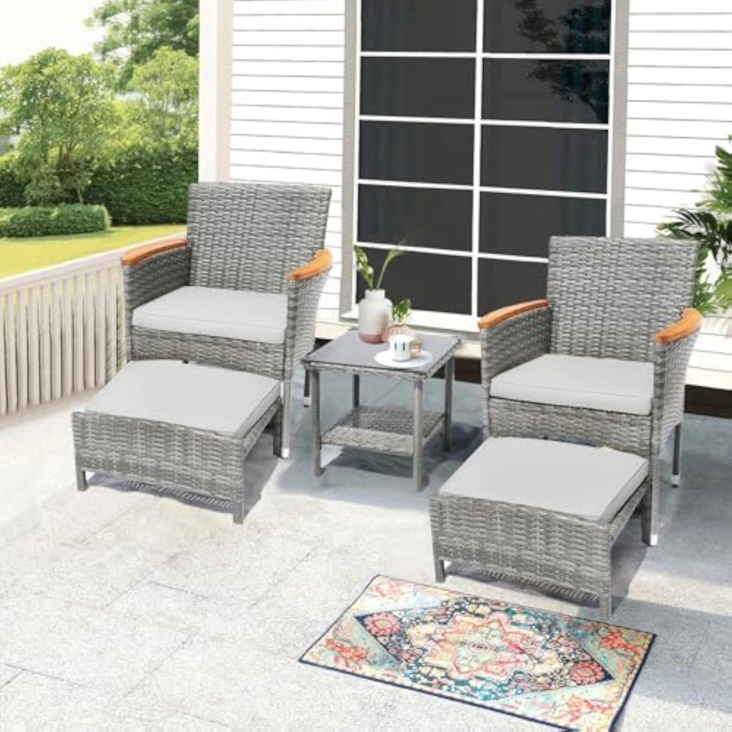 Outdoor Patio Furniture Set with Table & ottoman, 5 Piece Wicker Patio Sets with cushion, Outdoor Furniture Patio Set