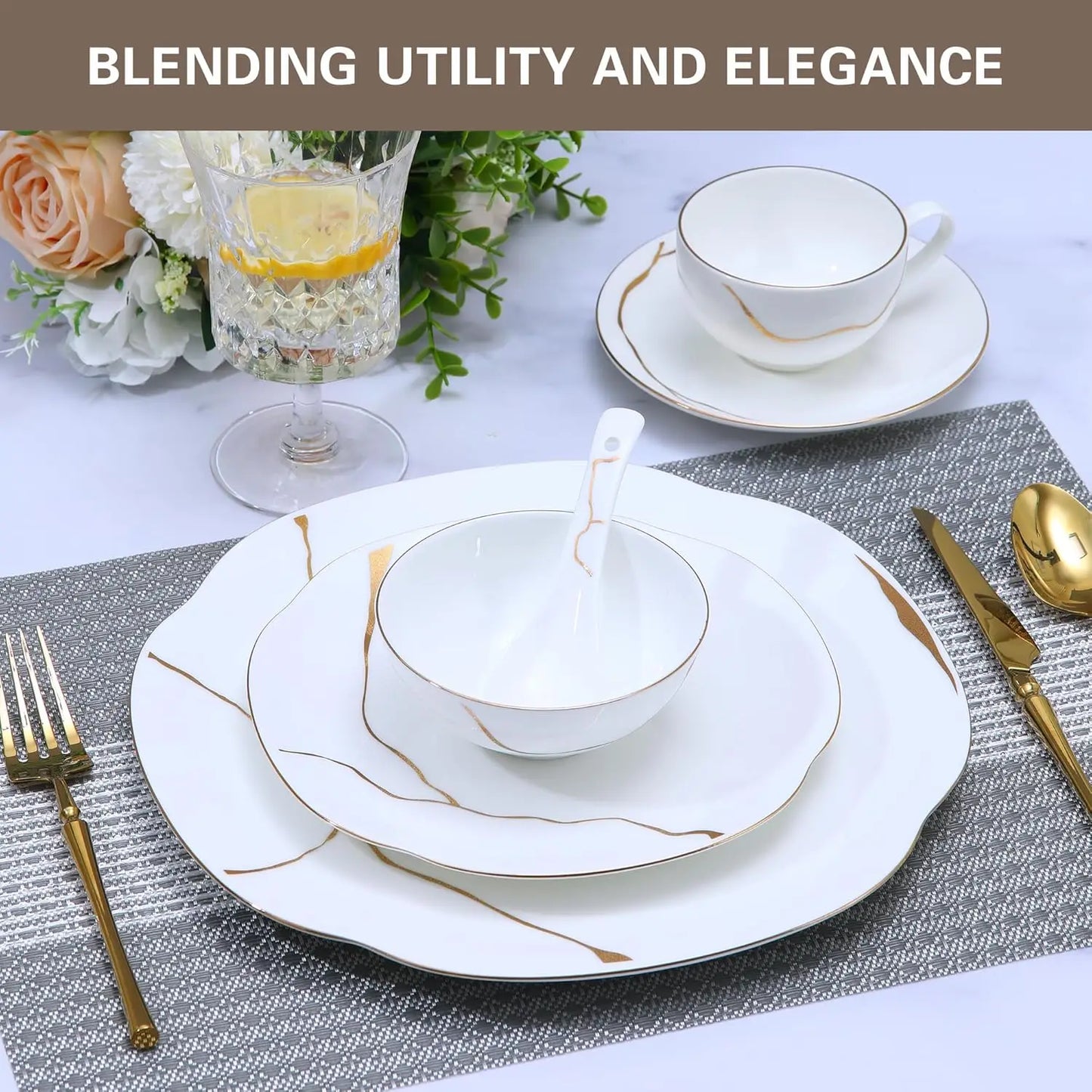 24 Piece White Porcelain Dinnerware set for 4,Plates and Bowls Sets With Gold Rim and gold accents,Highly Chip and Crack Resista
