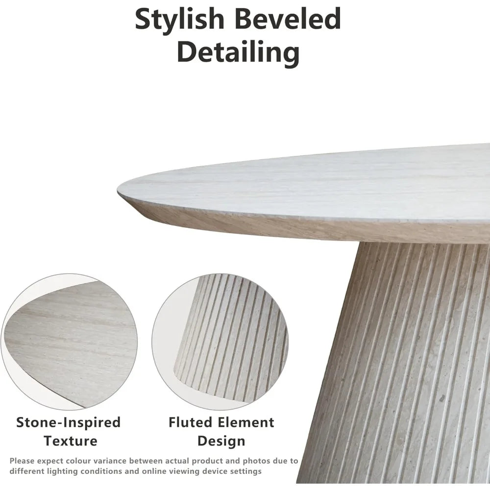 Oval Coffee Table, Modern Faux Stone Coffee Table with Fluted Design, Travertine Tea Table with Tapered Base, Minimalist