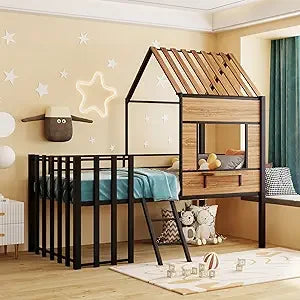 Twin Over Twin House Bunk Bed for Kids, Wood Bunk Bed Frame with Window Roof Design and Guardrail, Montessori Floor Bunk Bed Fra
