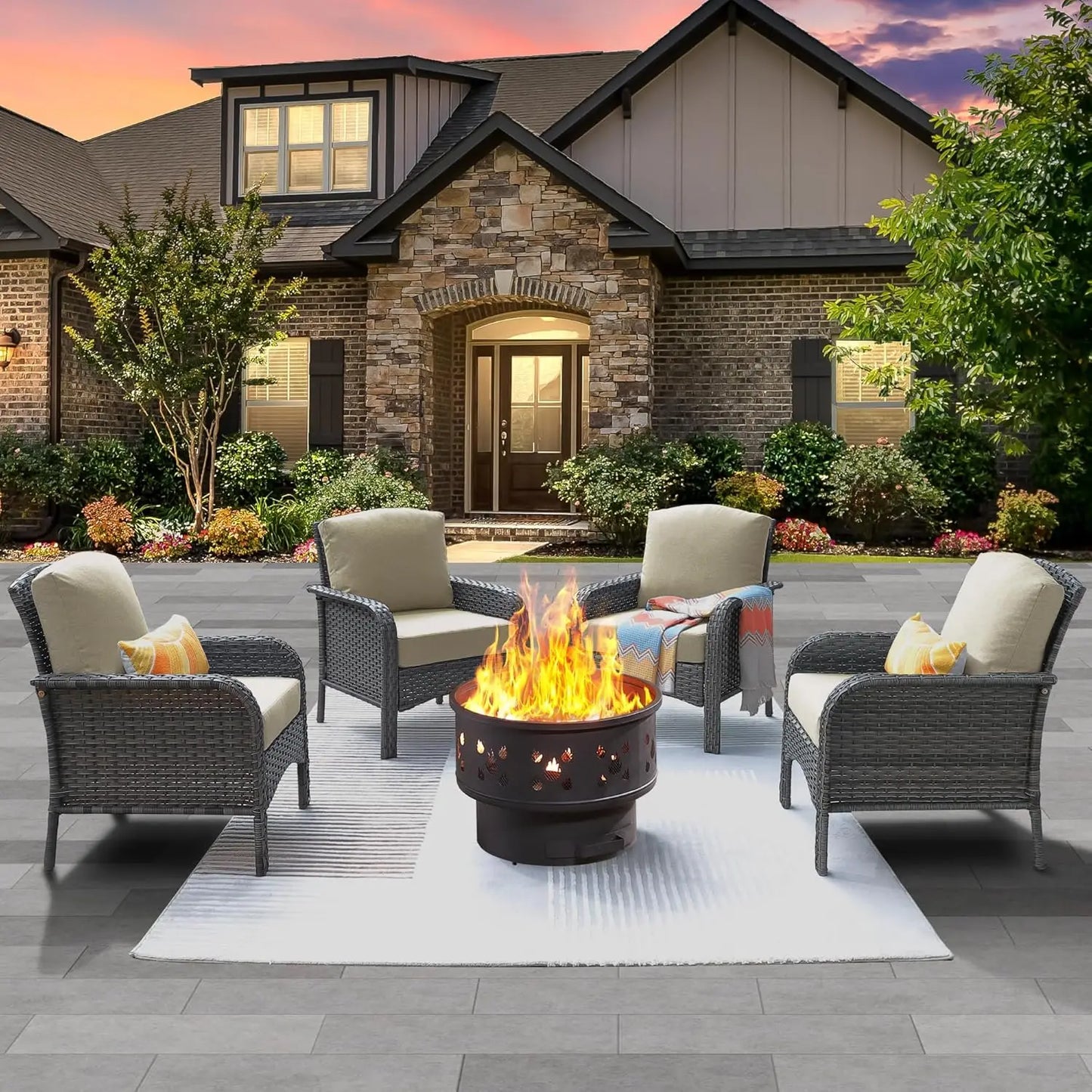 4 Pieces Patio Furniture Set with 30" Fire Pit Table, Outdoor Wicker Chairs of 4, All Weather High Back Rattan Chairs 4-Seater w