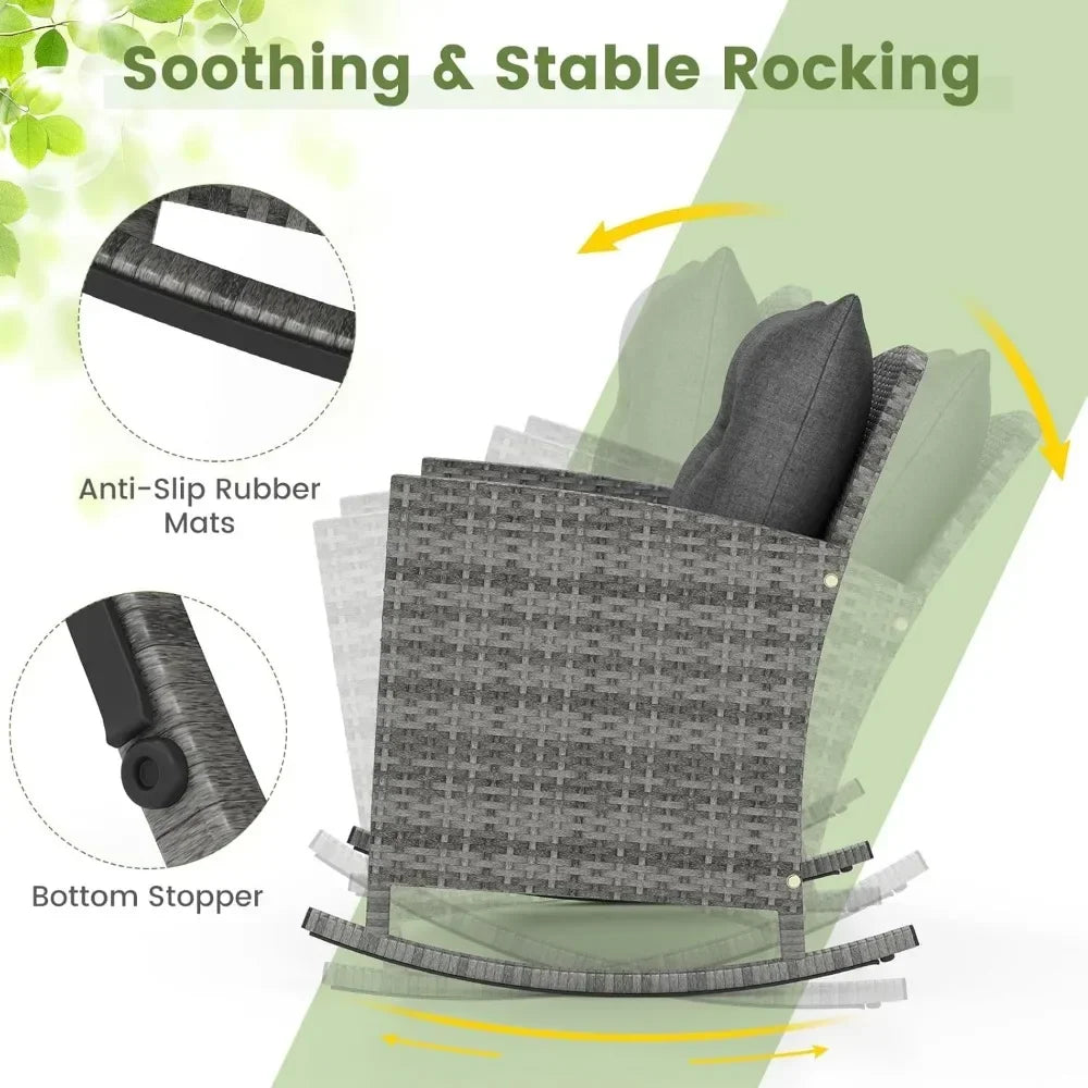 3 Piece Patio Furniture Rocking Bistro Set, Wicker Outdoor Rocking Chairs & Glass Table, PE Rattan Conversation Set