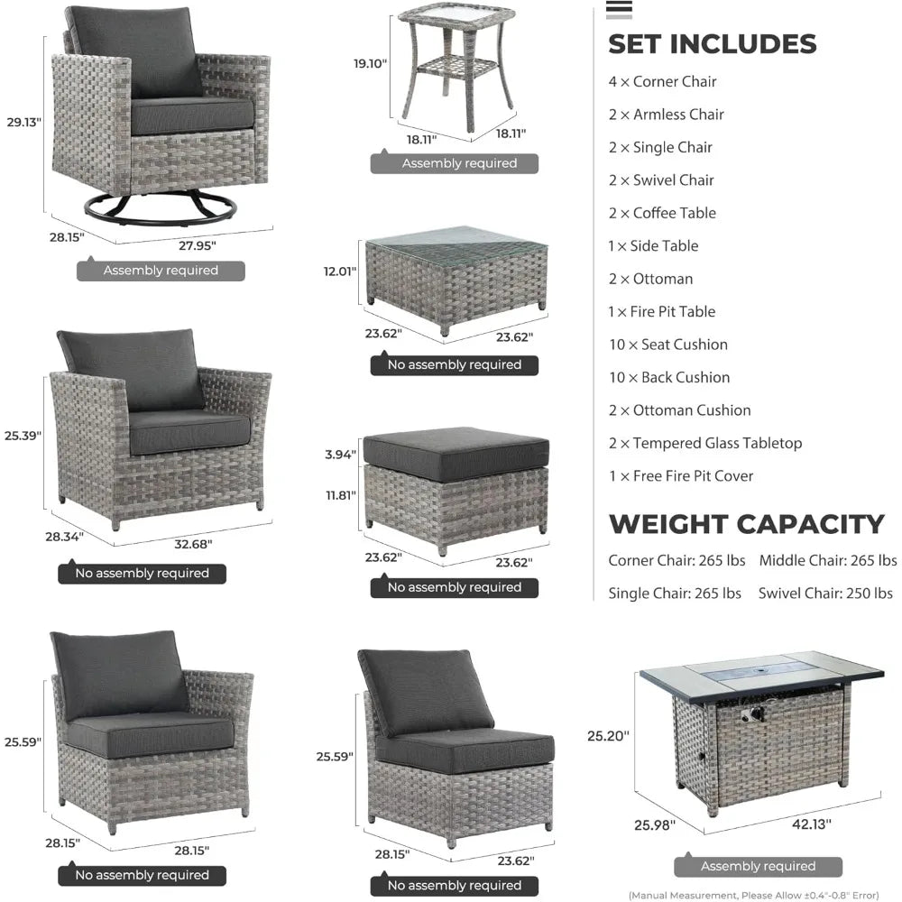 16 Pieces Patio Furniture Conversation Set,with 42" Fire Pit Table Rocking Chair,Outdoor Sectional Gray Wicker Sofa Set