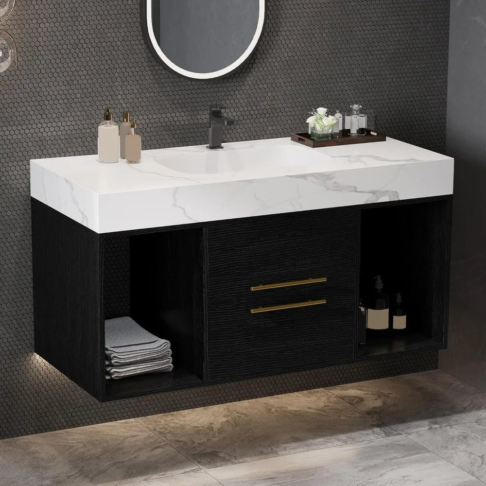 40 inch Modern Floating Bathroom Vanity with Sink, Wall Mounted Bathroom Cabinet with Ceramic Sink, Sintered Stone Countertop