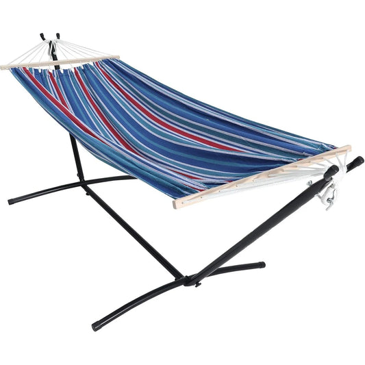 2Person Adjustable Hammock with 10FT Heavy Duty Steel Stand and Spreader Bars550lbs Capacity,Included Portable