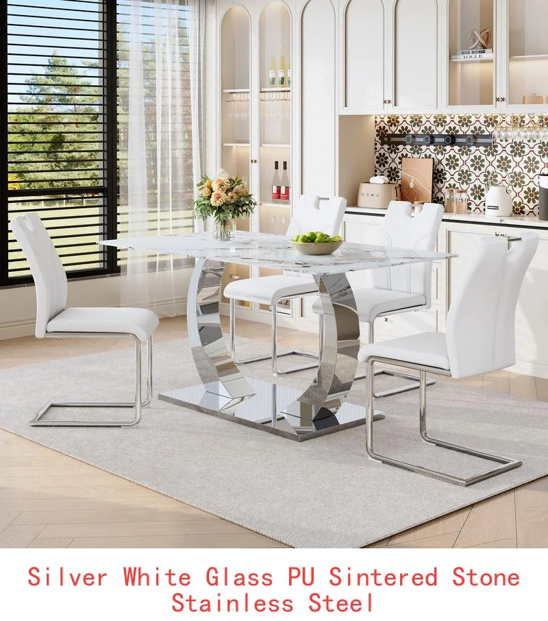 Modern 63-inch Dining Table Set with 4 Upholstered Chairs, White Glass Top & Adjustable Stainless Steel Base, Convertible for