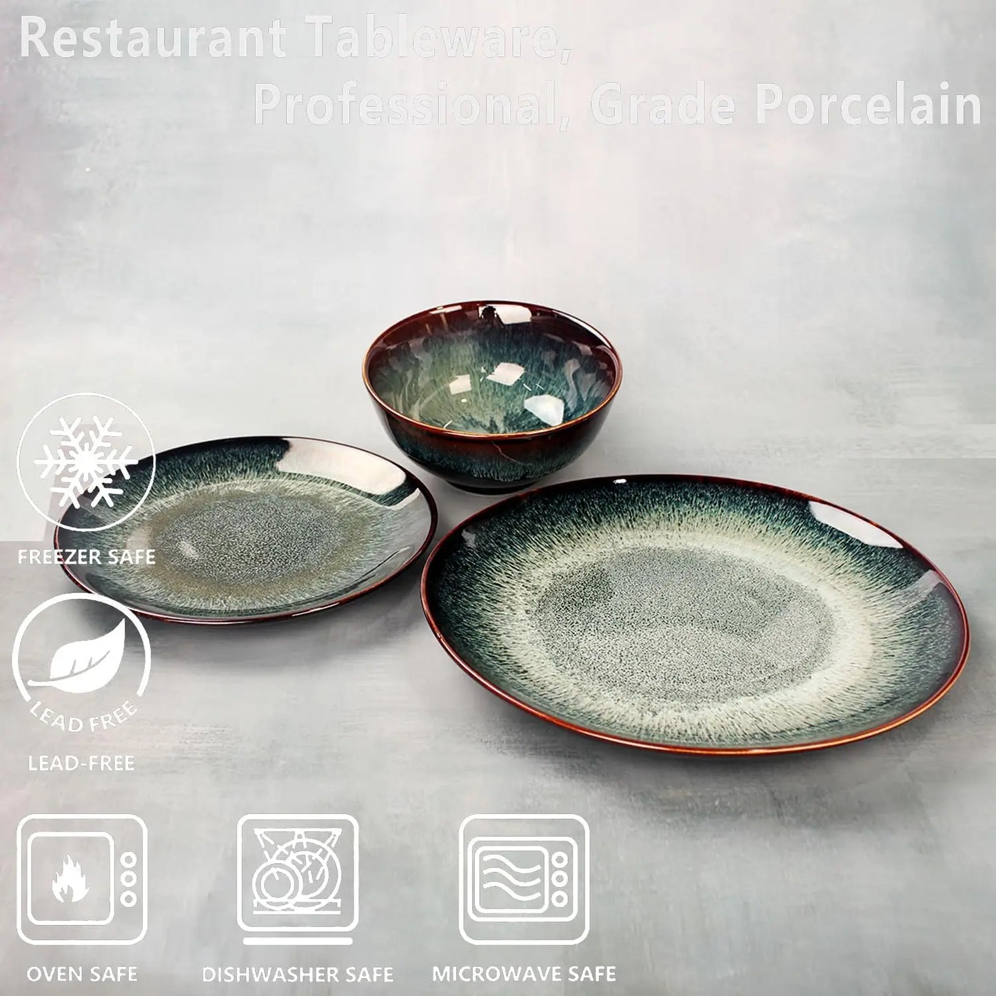 Dinner Set 12 Pieces - Round Reactive Glaze Tableware - Kitchen Dinnerware Porcelain Crockery with Dinner Plate, Bowl and Soup P