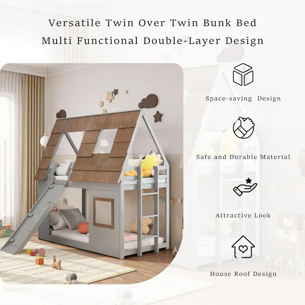 Twin Over Twin House Bunk Bed for Kids, Wood Bunk Bed Frame with Window Roof Design and Guardrail, Montessori Floor Bunk Bed Fra