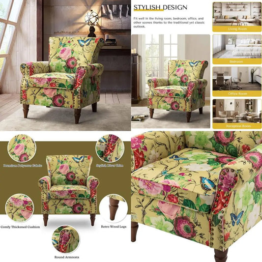 Contemporary Wingback Accent Chair with Wooden Legs and Removable Cushion, Plush Upholstered Armchair featuring Nailhead Trim, F