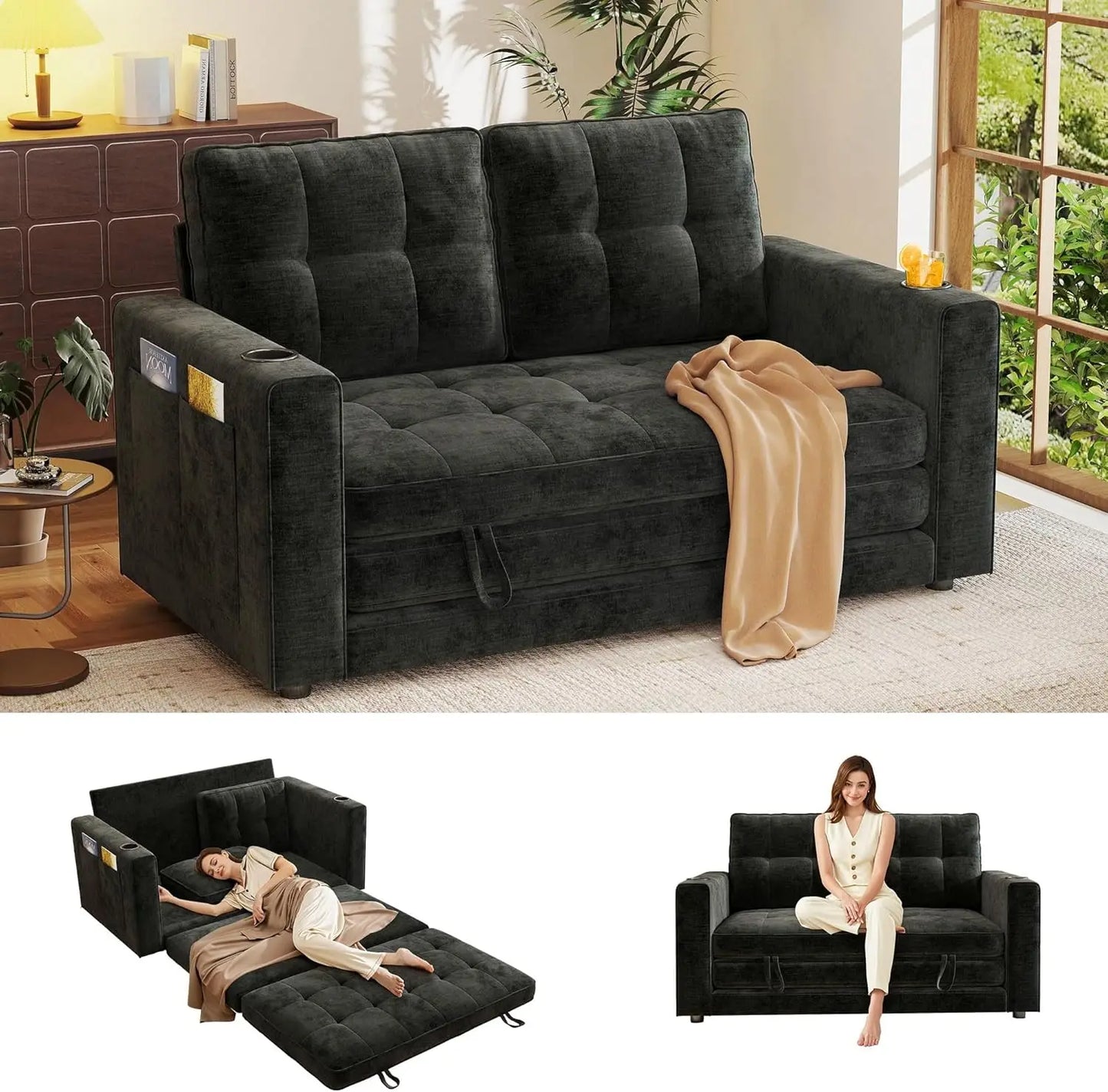 55" Convertible Folding Sofa Bed, Pull Out Couch Love Seat Sleeper Bed, Small Fold Out Loveseat Sleeper with Cup Holder