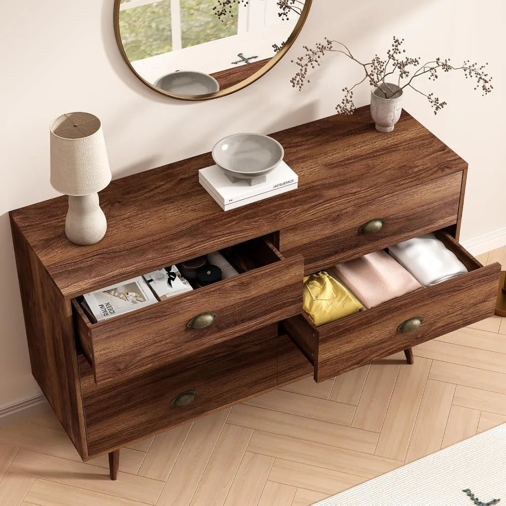 Walnut Brown Dresser for Bedroom, 6 Drawer Dresser with Wide Drawers and Metal Knob, Wood Dressers & Chest of Hallway