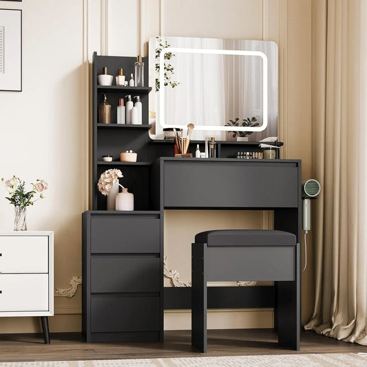 Vanity Desk with Mirror and Lights, Makeup Vanity with Adjustable Lights, Power Outlet & Storage Dressing Table with Mirror