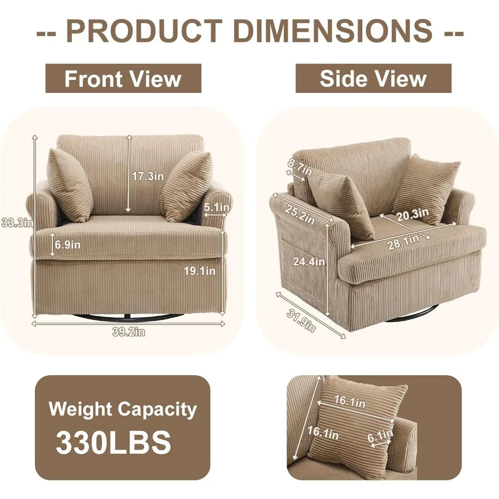 39" Swivel Accent Chair,Oversized Seat Armchair W/2 Pillows and 4 Pockets,Modern Upholstered Corduroy Barrel Chairs,Comfy