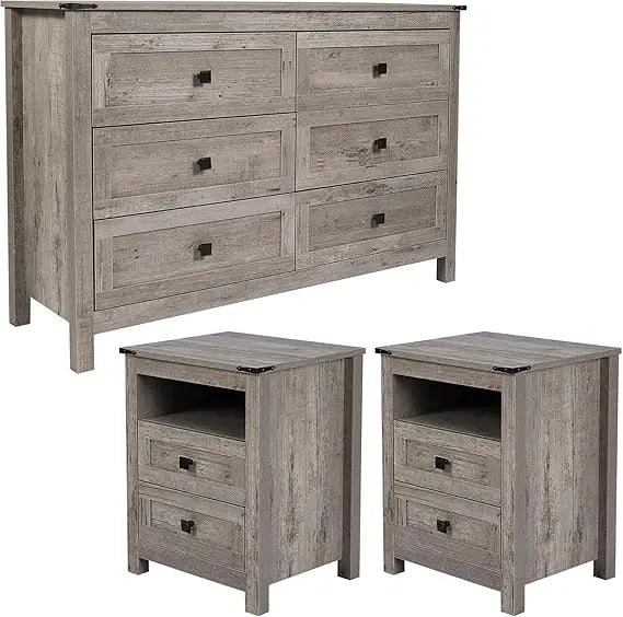 Farmhouse Bedroom Set, 3 Pieces Bedroom Furniture Set, Rustic Wood 6 Drawer Dresser and Nightstands, Chest of Drawers Wide Stora