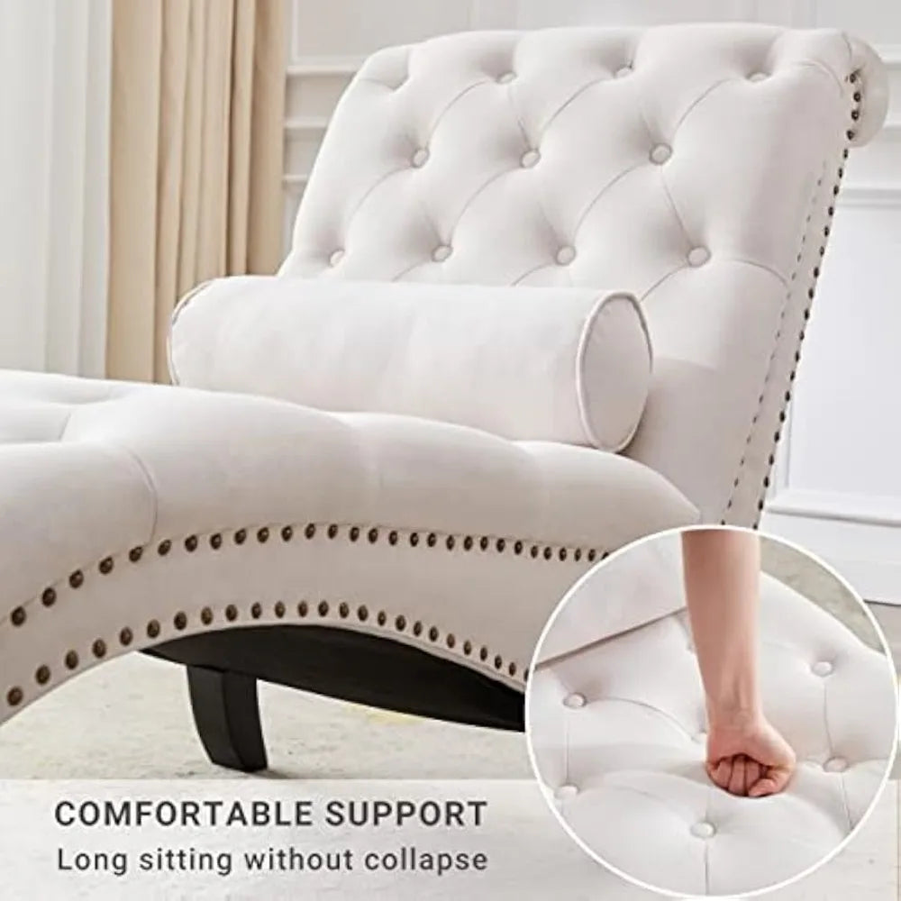 Button-Tufted Chaise Lounge with Support Pillow, Upholstered Chaise Lounge Chair,Armless Rolled Backrest Leisure Sofa Recliner