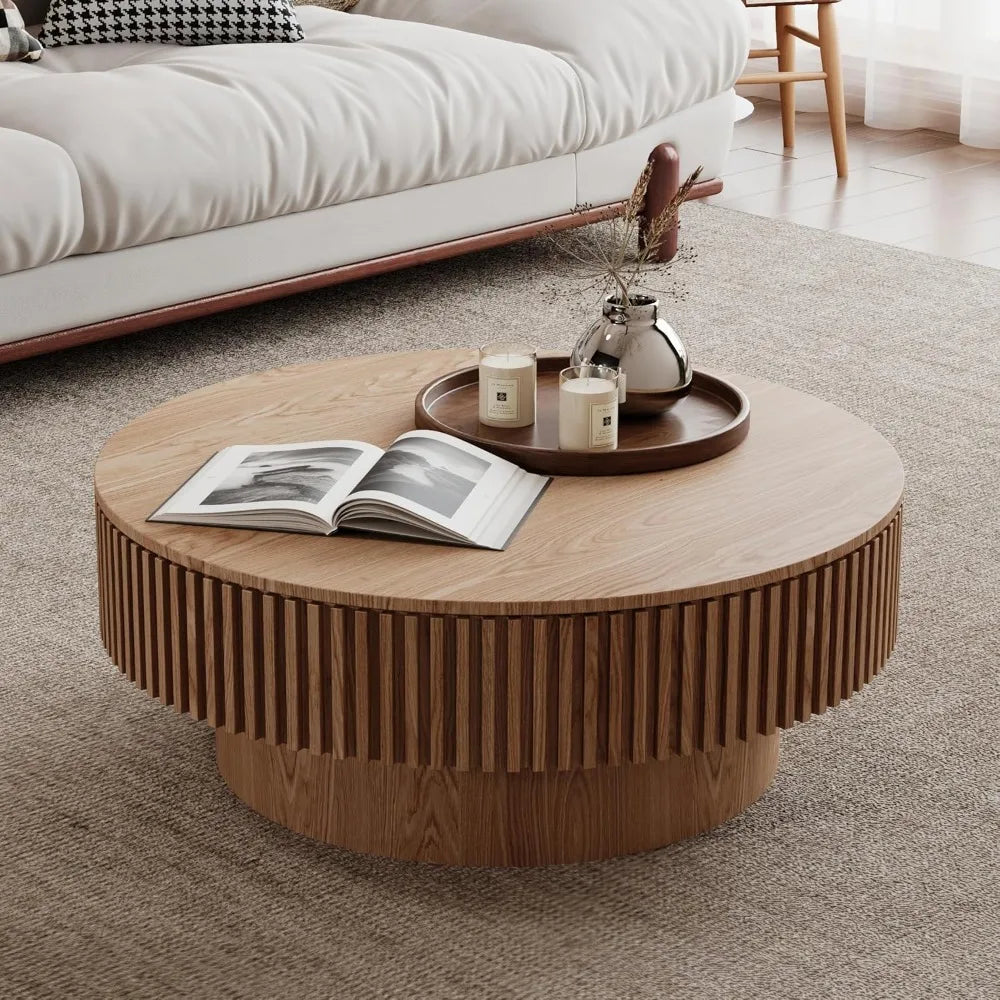 Modern Circular Coffee Table with Storage, Luxury Drum Style Center Table, Solid Wood Veneer Accent Side Table