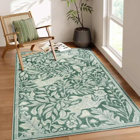 Rabbit Washable Rugs For Living Room, Soft 5X7 Rug For Dining Room, Vintage Forest Woodcut Print Green Carpet For Bedroom, Non