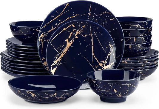 Plates and Bowls Sets for 6, 24 Pieces Porcelain Dinnerware Sets, Dark Blue and Gold Dish Set Gold Splash Dishware Sets, Dishwas