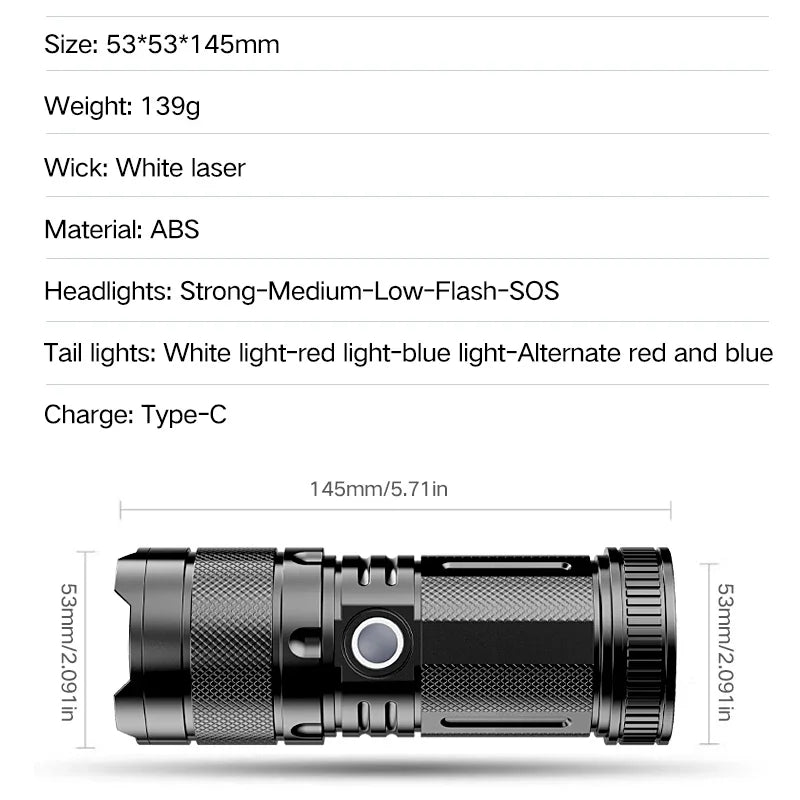 White Laser Ultra Bright LED Flashlight, 9 Light Sources Suitable for Outdoor Camping Emergency Use, ABS Waterproof and Durable