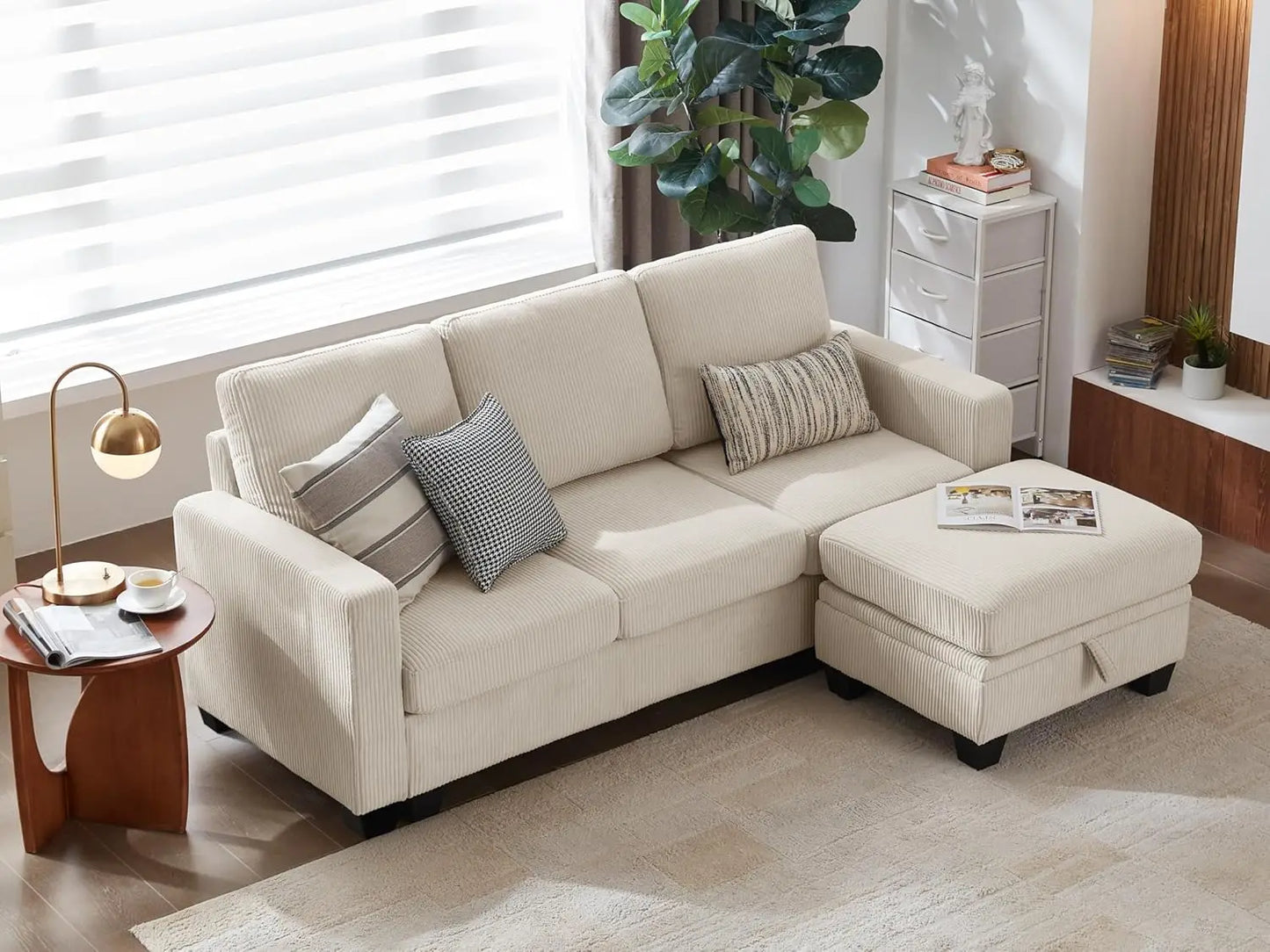 Corduroy Modular Sectional Couch with Ottoman Chaise, L/U Shaped Sleeper Sofa for Living Room, Apartment, Lounge