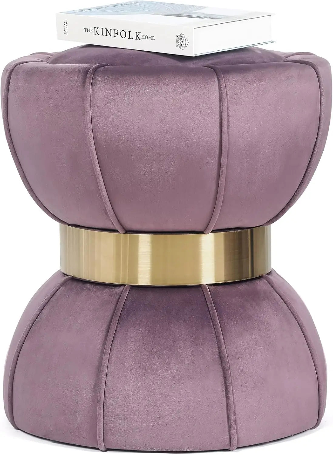 Huanzhuang Round Velvet Ottoman With Metal Band Home Decor