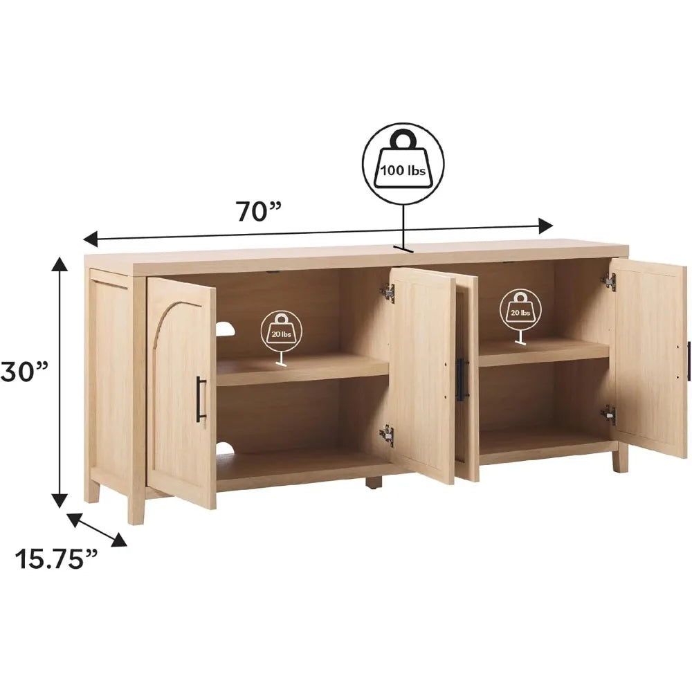 sasha 4-door reeded sideboard buffet with cord management, 70 inch, coastal oak