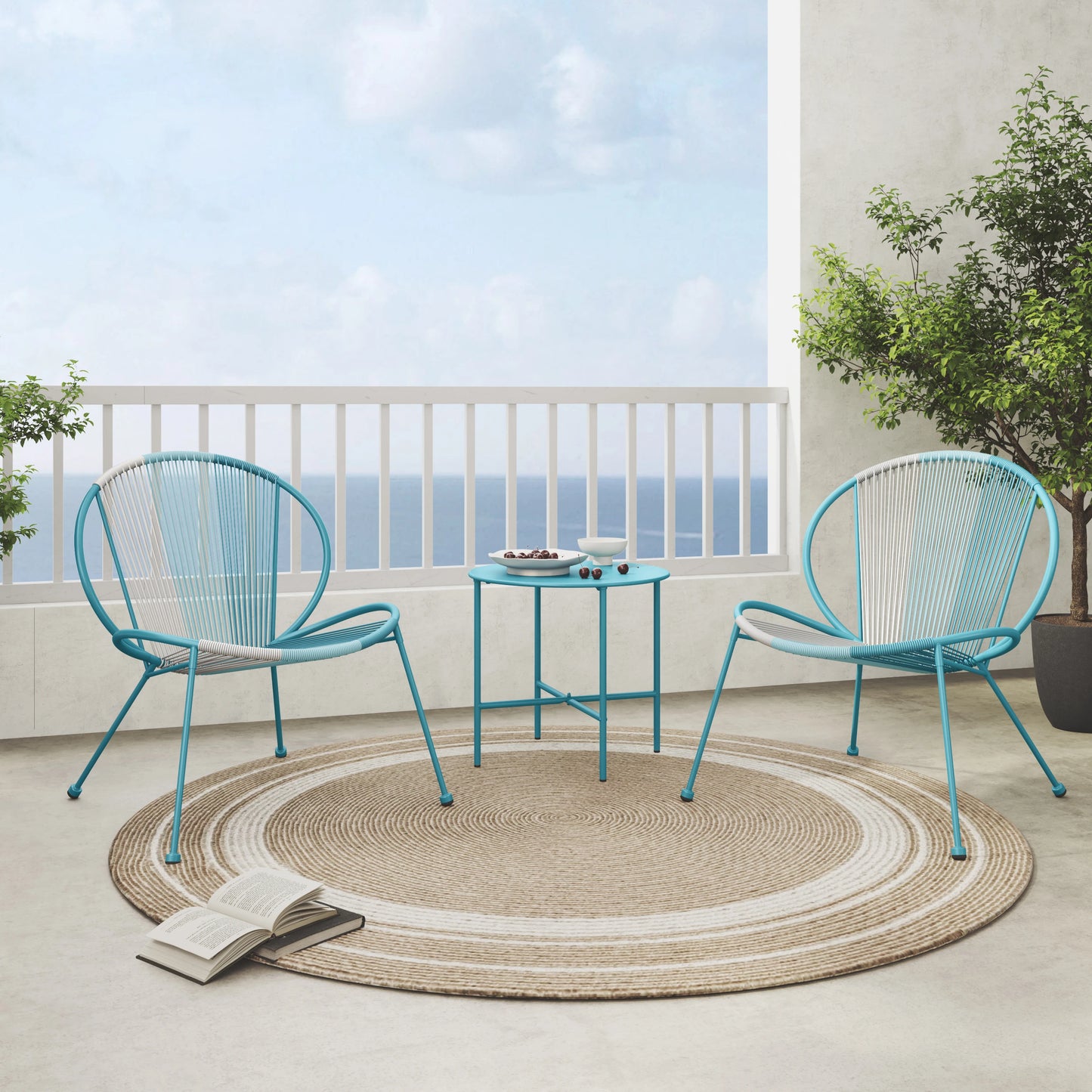 3-Piece Outdoor Acapulco Chair Set, Patio Conversation Low Seat Bistro Sets with Wicker Rope Coffee Table and 2 Chairs