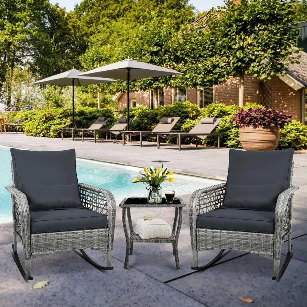 3-Piece Outdoor Furniture Set, Patio Conversation Chair, Wicker Cushioned Patio Rocker with Side Table for Porch, Garde
