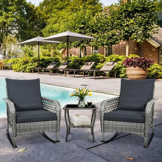3-Piece Outdoor Furniture Set, Patio Conversation Chair, Wicker Cushioned Patio Rocker with Side Table for Porch, Garde