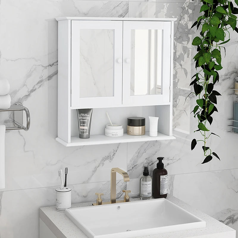 White Wall Cabinet, Bathroom Storage Cabinet with Double Mirror Doors, Wood Hanging Wall Mounted Cabinet, Laundry Room, Kitchen