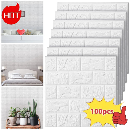 100PCS 3D Wall Panels Peel and Stick, Printable Faux Brick Wallpaper Sticker with Self-Adhesive Waterproof Foam for Interior Wal