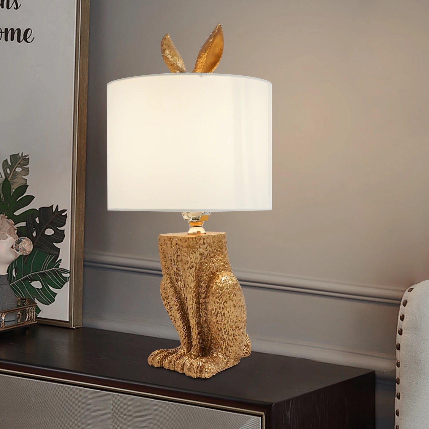 Gold Cute Rabbit Table Lamp, Modern Resin Tabletop Lamp with Push Button Switch, E26 Base for Bedroom Living Room Office Decor