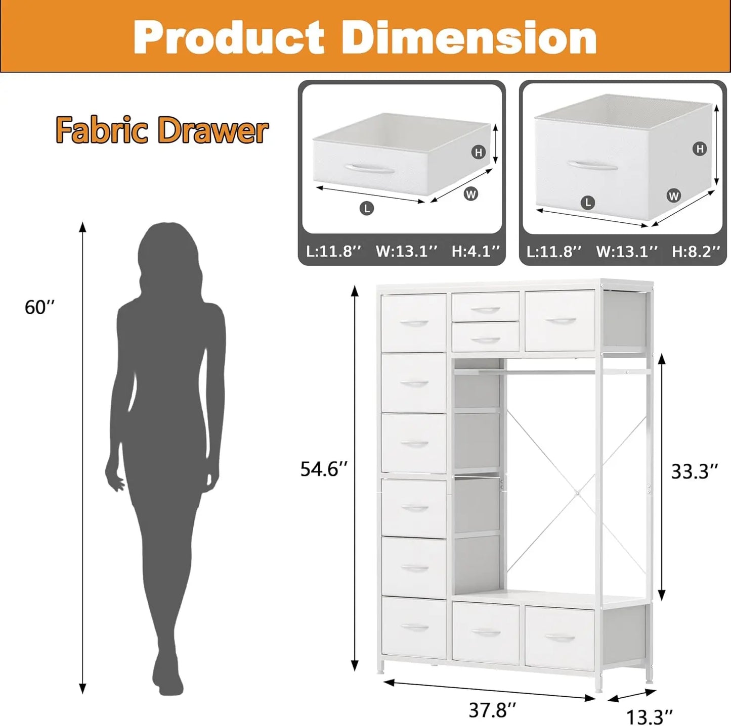 54.6  Tall 2 in 1 Dresser with Hanging Rack  11 Drawers Bedroom Dresser for Closet  TV Stand Dresser with Clothes Rack  Kids Dre