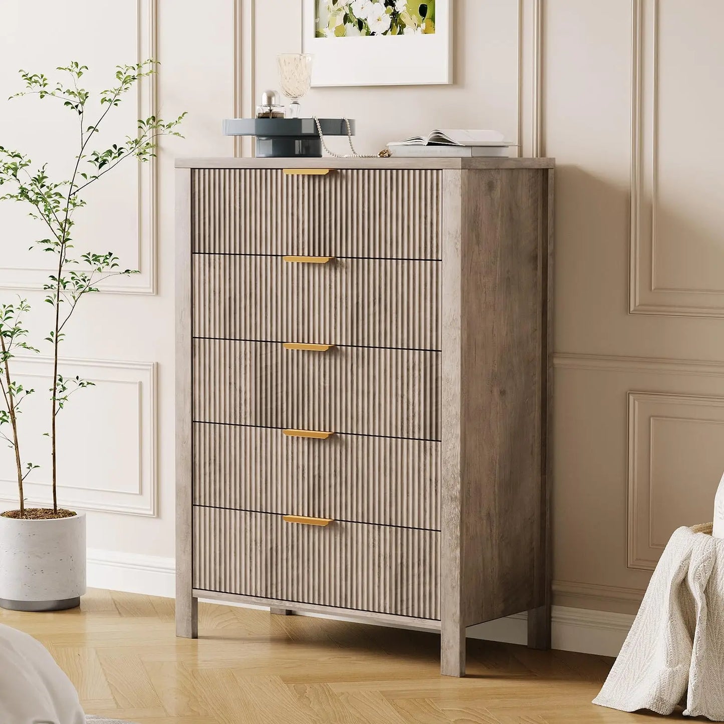 5-Drawer Tall Oak Dresser With Gold Handles, Modern Wood Storage Cabinet Organizer For Bedroom, Living Room, Hallway & Entryway