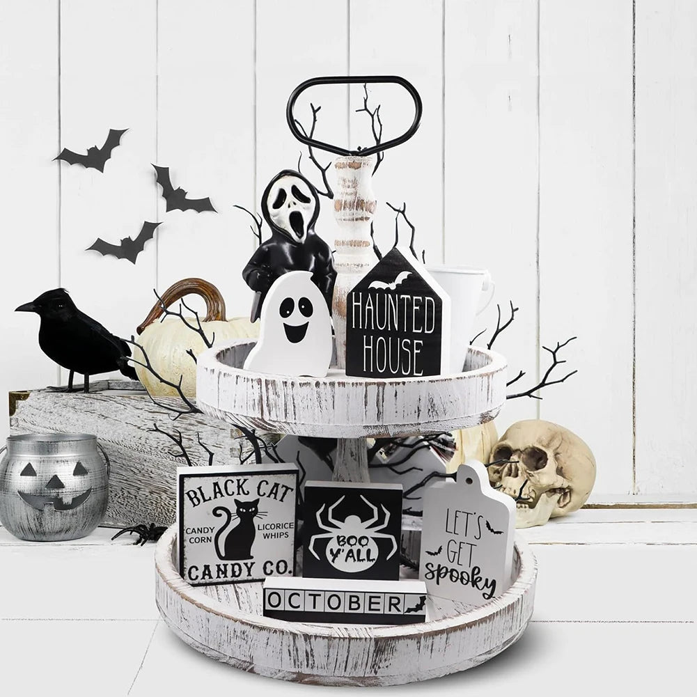 6Pcs Halloween Tier Tray Decorations PVC Autumn Tiered Tray Decoration Rustic Tiered Tray Decor Items for for Home Table Decor
