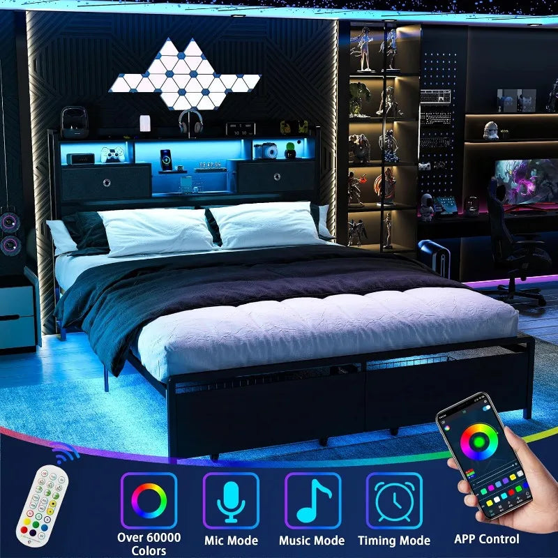 Full Size Bed Frame Full Size 3-Tier Storage Headboard, 2 Storage Baskets, LED, Charging Station No Box Spring Needed (Full)