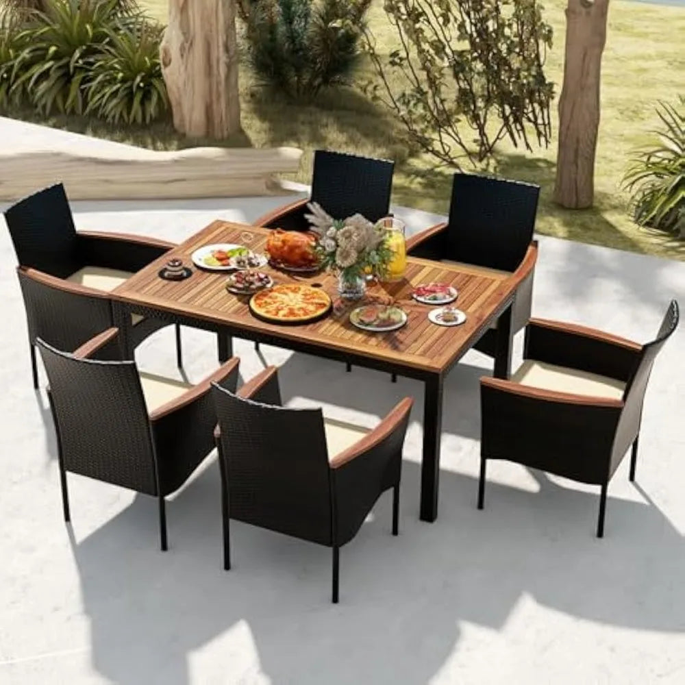 Outdoor Dining Set for 6, PE Rattan Wicker Patio Furniture Set with Wood Table & Cushioned Armchairs, 1.96'' Umbrella Hole, Pat