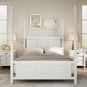 4-Poster Platform Bed King Size with Decorative Headboard and Footboards, Traditional Solid Wood Platform Bed Frame with Sturdy