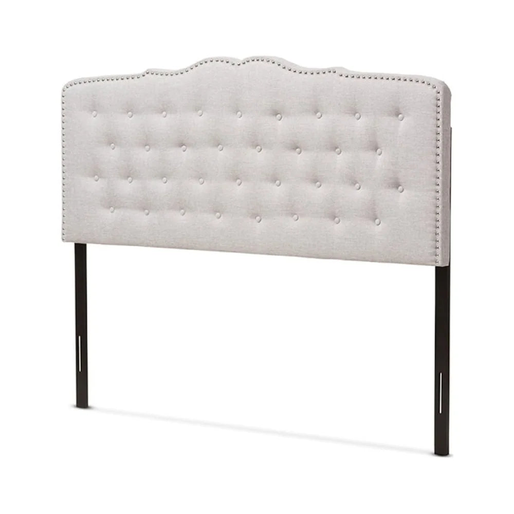 Modern Tufted Fabric Headboard Queen Size Curved Design Upholstered Greyish Beige with Nailhead Trim Adjustable Height Assembly