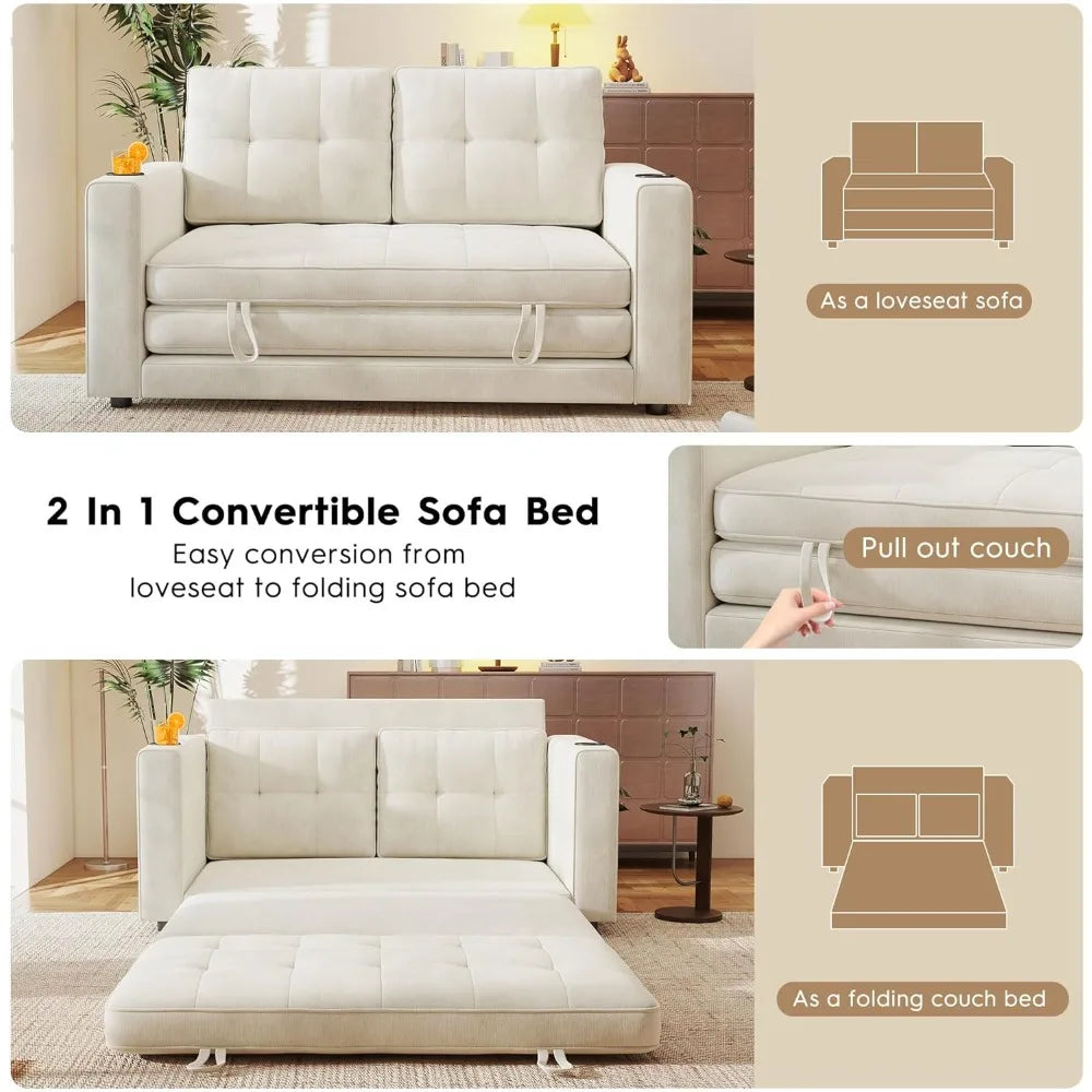55" Convertible Folding Sofa Bed, Pull Out Couch Love Seat Sleeper Bed, Small Fold Out Loveseat Sleeper with Cup Holder