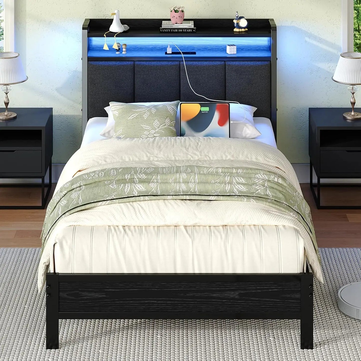 ANGDUO Bed Frame With Storage Headboard And LED Lights