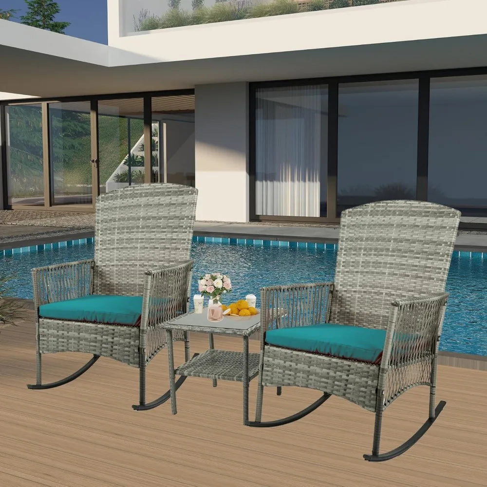 3 Piece Patio Conversation Set, Outdoor Rocking Chairs Set of 2, Wicker Furniture Set with Glass Top Coffee Table and Cushions