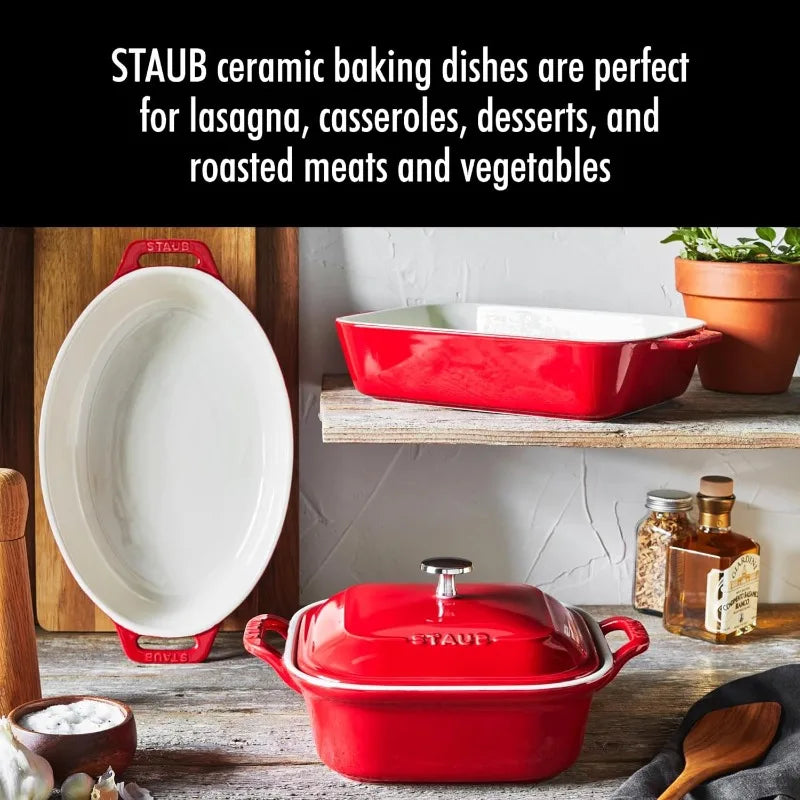 Staub Ceramics 4-pc Baking Pans Set, Casserole Dish with Lid, Brownie Pan, Cherry