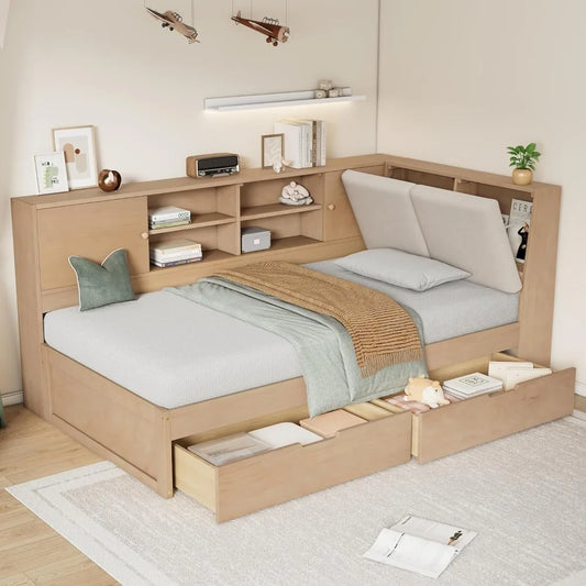 Full Daybed with Storage Bookcase,Upholstered Headboard and Charging Station,Solid Wood Full Captain Bed with Storage Drawers C