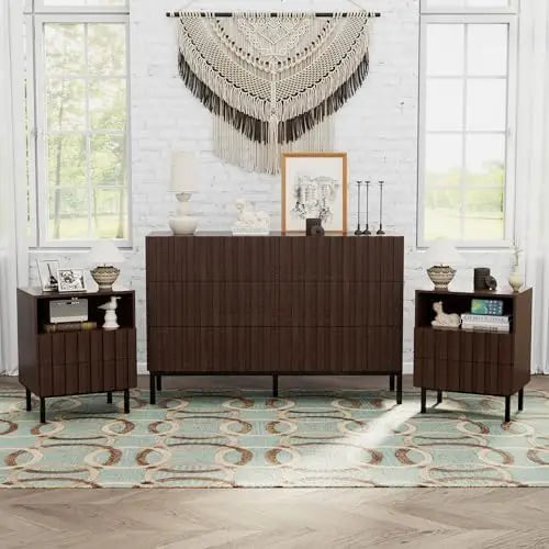 3 Piece Dresser and Nightstand Sets for Bedroom, 43" Matching 6 Drawer Dresser & Nightstand Set of 2, Modern Fluted Solid Wood