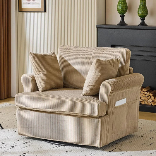 39" Swivel Accent Chair,Oversized Seat Armchair W/2 Pillows and 4 Pockets,Modern Upholstered Corduroy Barrel Chairs,Comfy